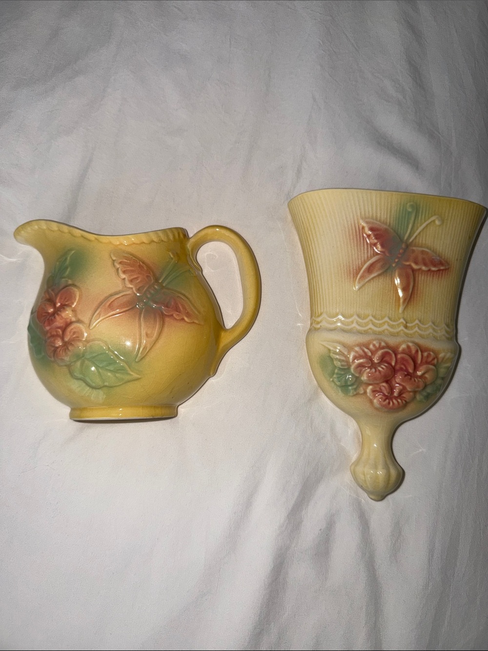 VTG Hull Yellow Floral Butterfly Ceramic Pot and Broom Wall Pocket Set